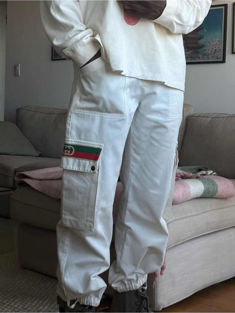 Gucci White Cargo Pants with Red and Green Stripe - STEAL